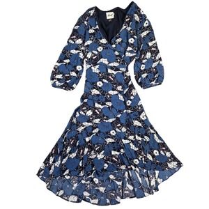 LED Luxe Essentials Denim Maternity Blue Floral Wrap Dress Balloon Sleeve Small
